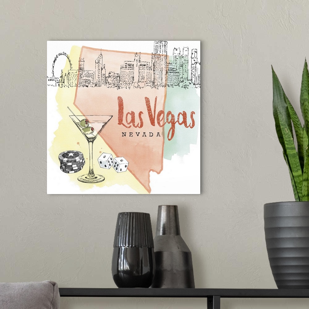 A modern room featuring Square watercolor and ink illustration of a Las Vegas skyline with a martini glass, poker chips, ...