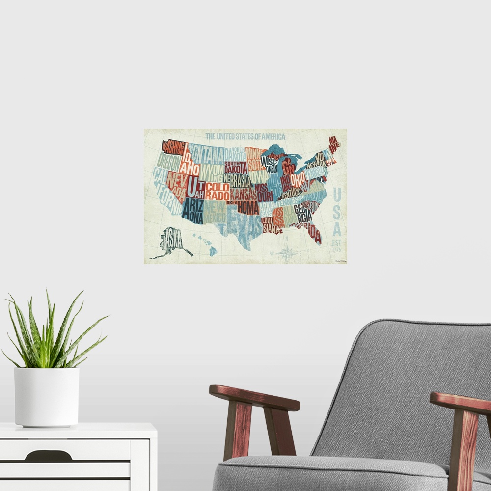 A modern room featuring Illustration of US map divided by state lines with the name of each state shaped into the boundar...