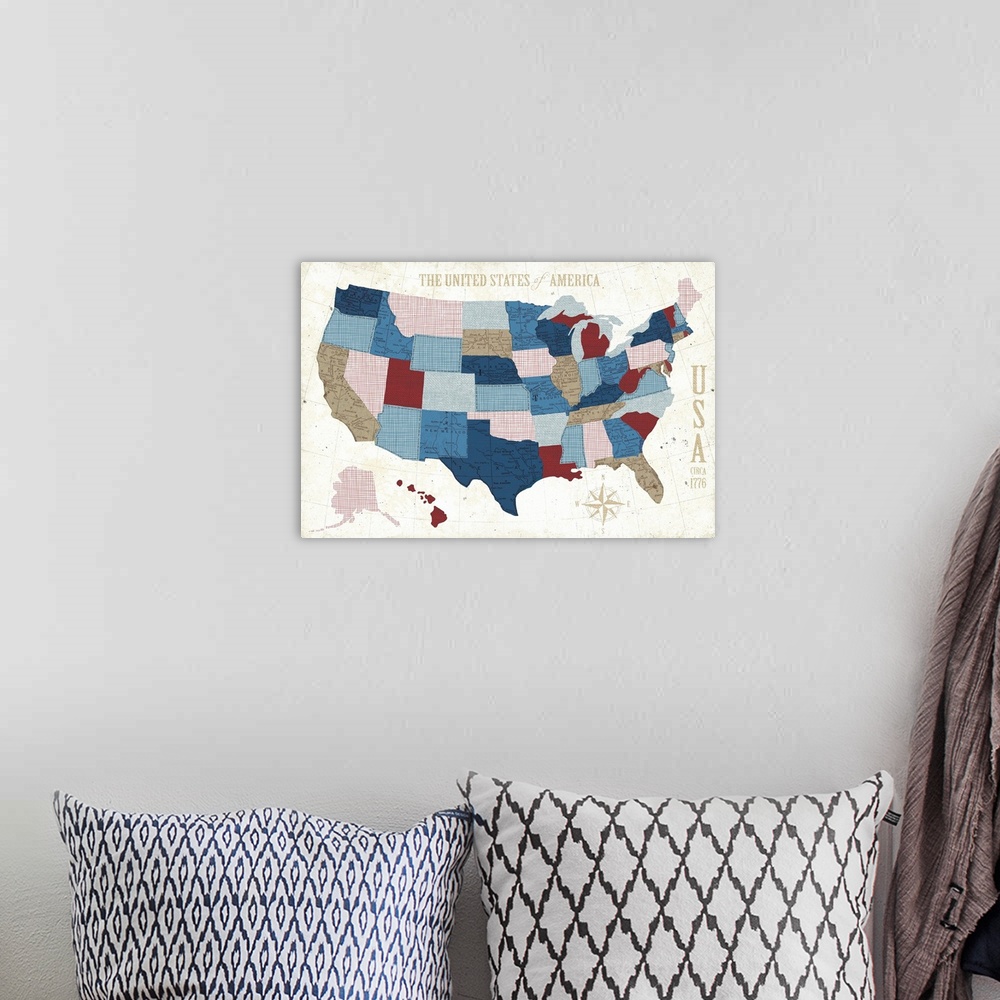 A bohemian room featuring Contemporary art map of the United States of America in muted rustic colors against a weathered b...