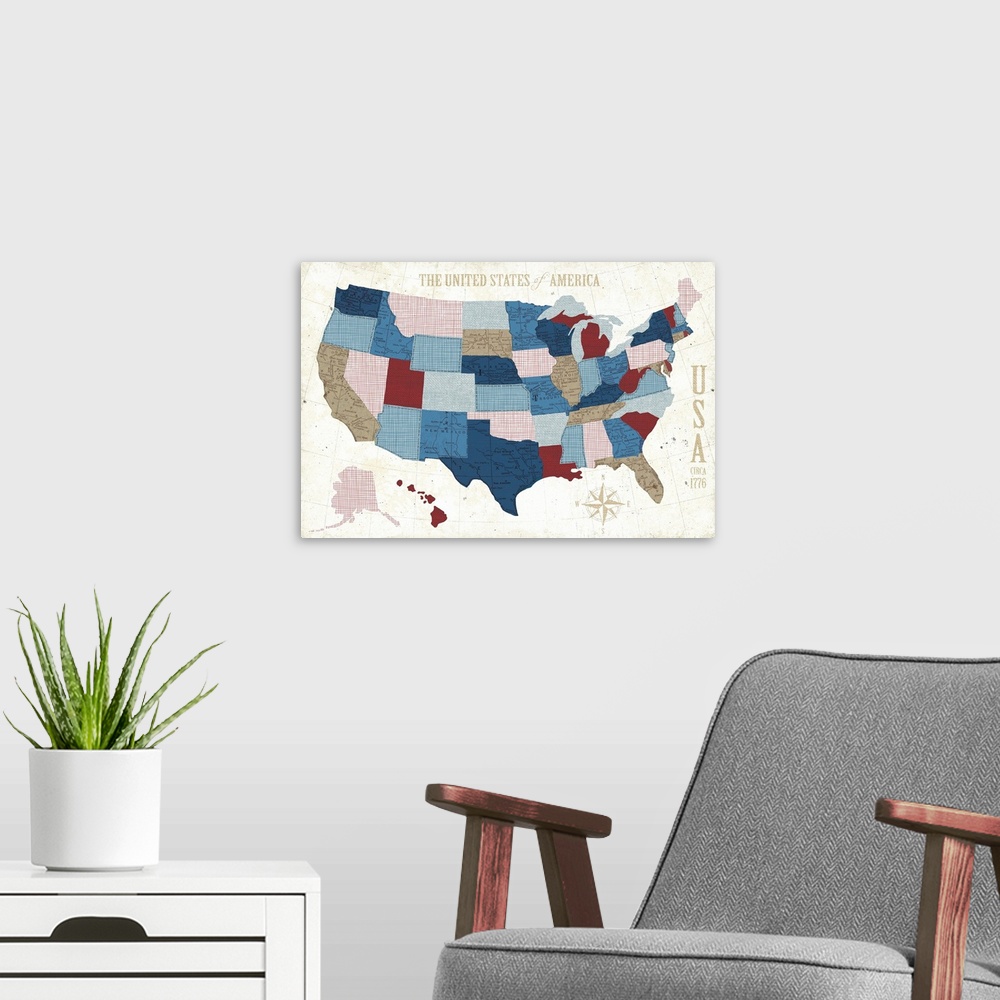 A modern room featuring Contemporary art map of the United States of America in muted rustic colors against a weathered b...