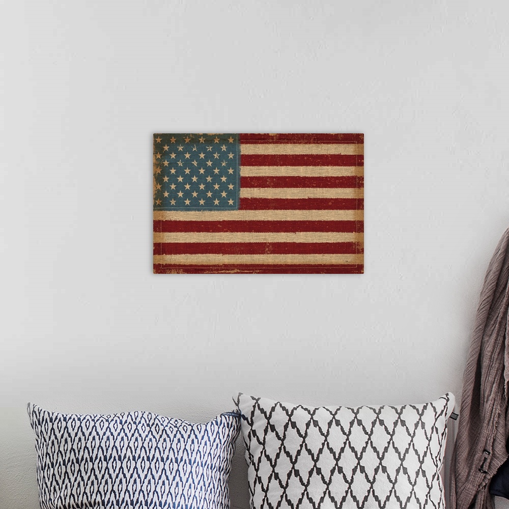 A bohemian room featuring This large piece consists solely of the American flag in a vintage style.