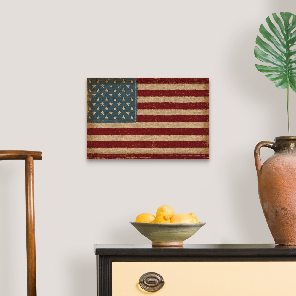 A traditional room featuring This large piece consists solely of the American flag in a vintage style.