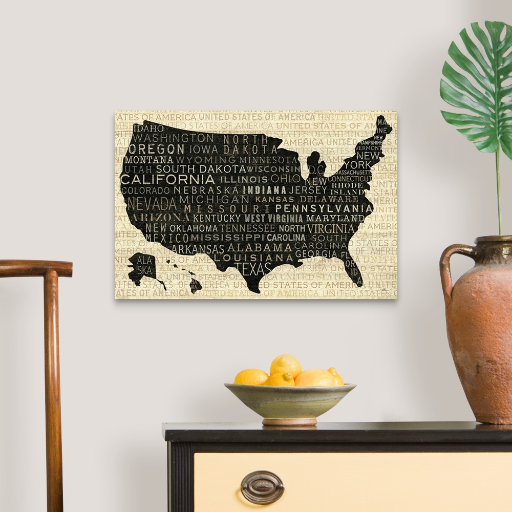 A traditional room featuring Big illustration displays a silhouette of the United States with Alaska and Hawaii included in th...