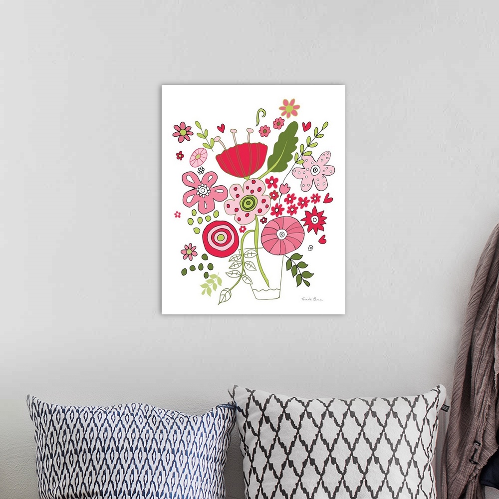 A bohemian room featuring Vertical digital illustration of Valentines flowers in pink and red.