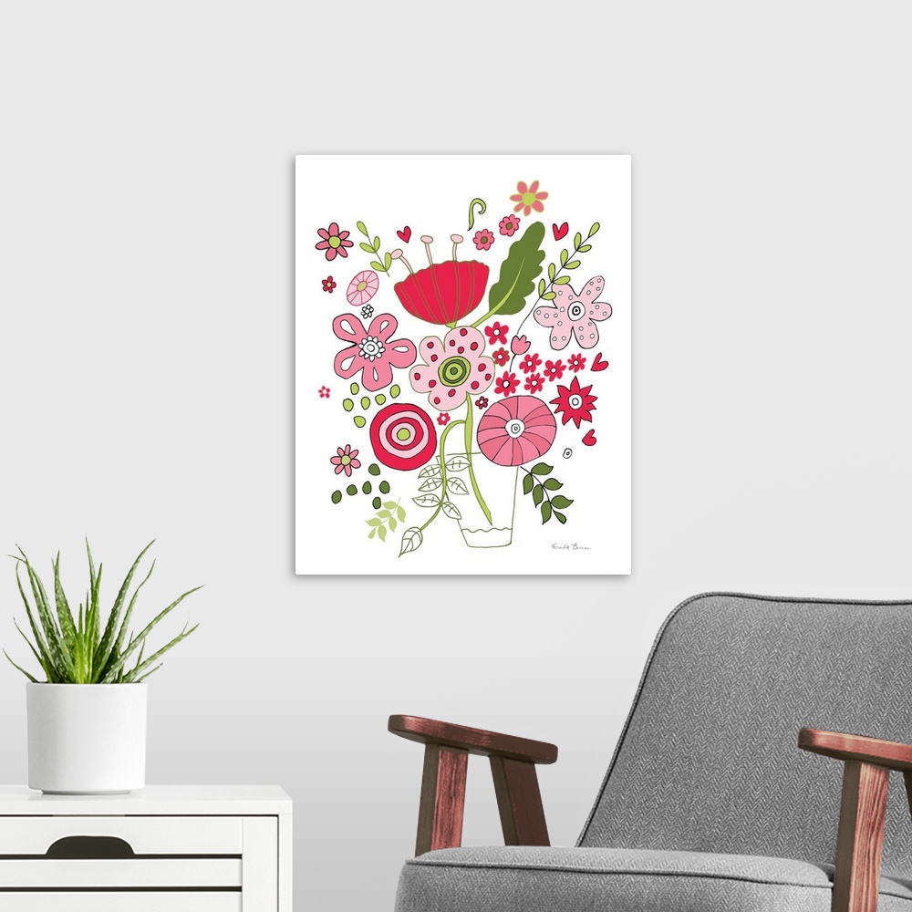 A modern room featuring Vertical digital illustration of Valentines flowers in pink and red.