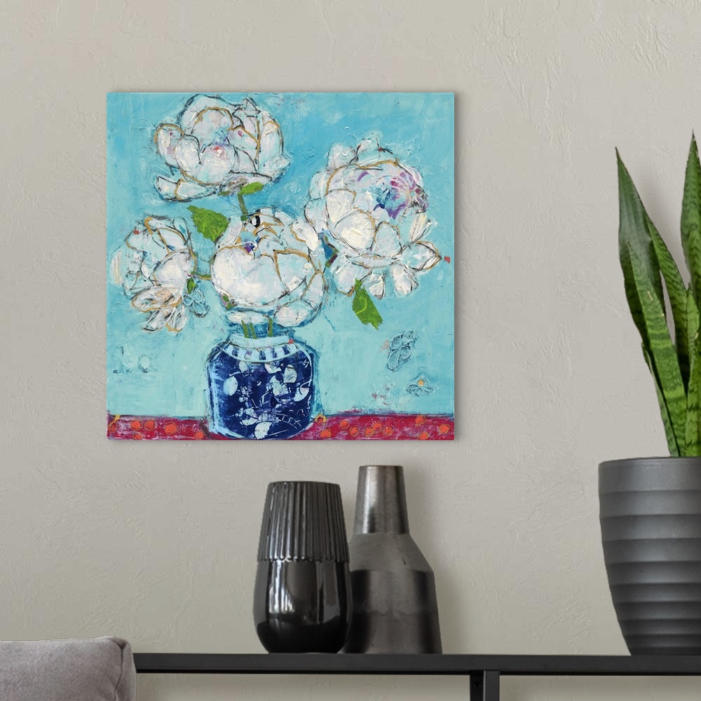 A modern room featuring Contemporary artwork featuring white peonies in a vase with heavy textured distressing throughout.