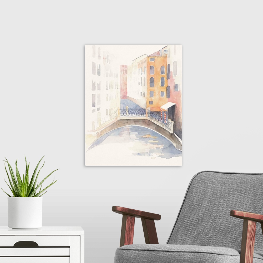 A modern room featuring Watercolor painting of a view of Venice looking down a canal way.