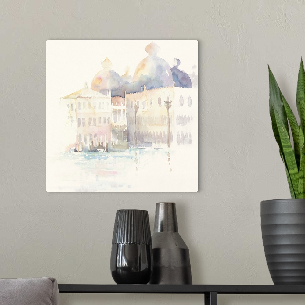A modern room featuring Pastel watercolor painting of the buildings along the canal in Venice.