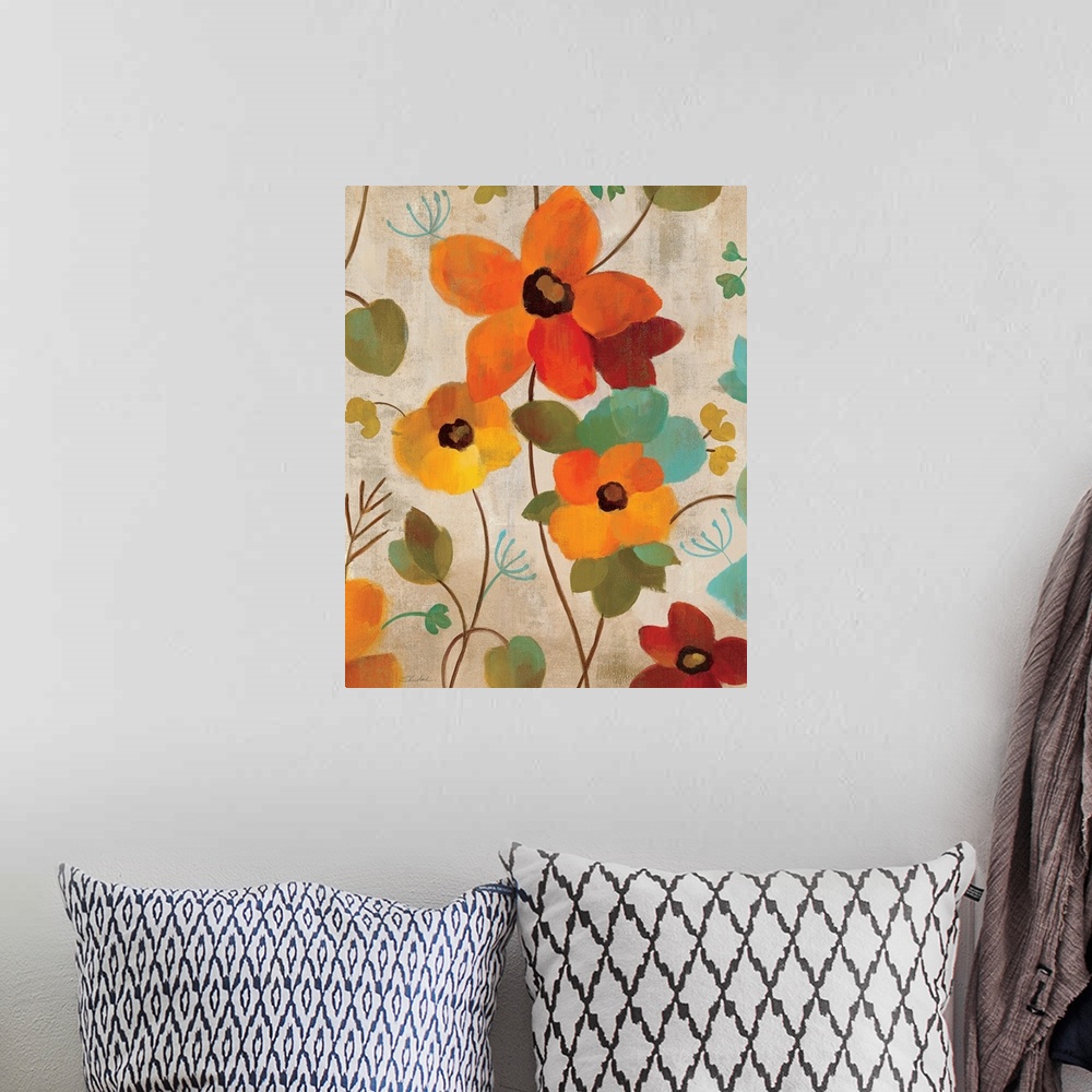 A bohemian room featuring Vertical artwork on a large wall hanging of vibrant flowers on twisting vines of leaves, on a neu...