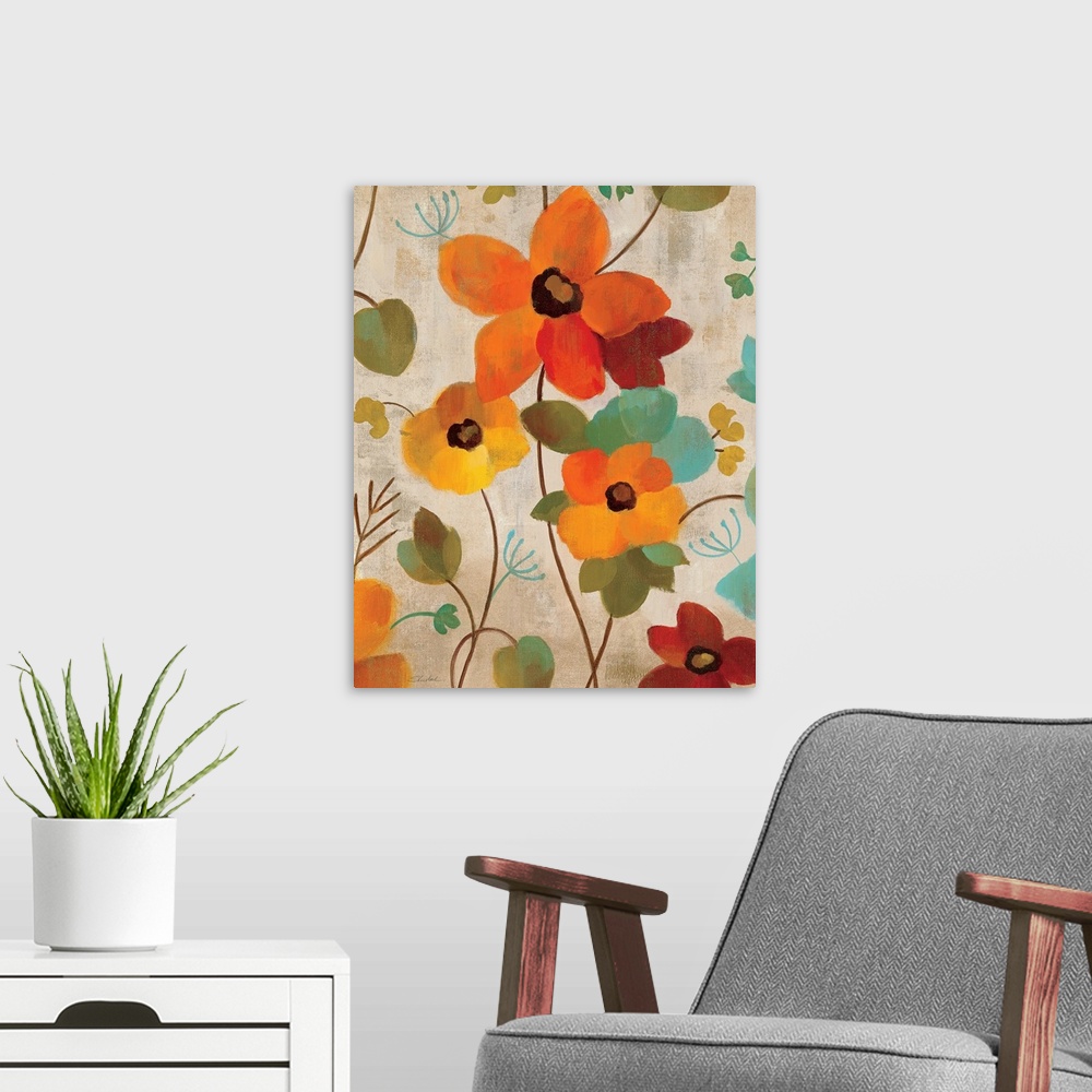 A modern room featuring Vertical artwork on a large wall hanging of vibrant flowers on twisting vines of leaves, on a neu...