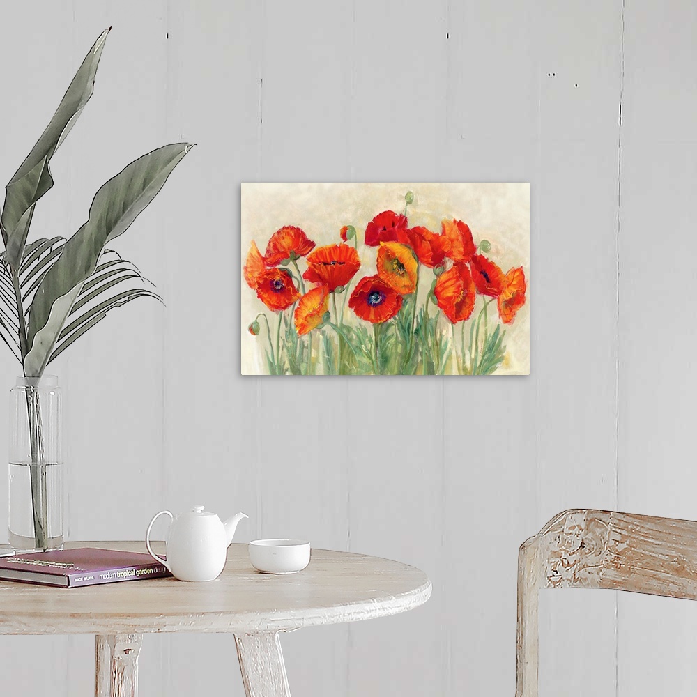 A farmhouse room featuring Large contemporary piece of artwork that displays the beauty of a group of poppies.