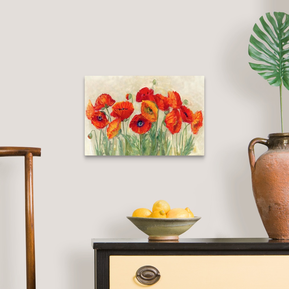 A traditional room featuring Large contemporary piece of artwork that displays the beauty of a group of poppies.