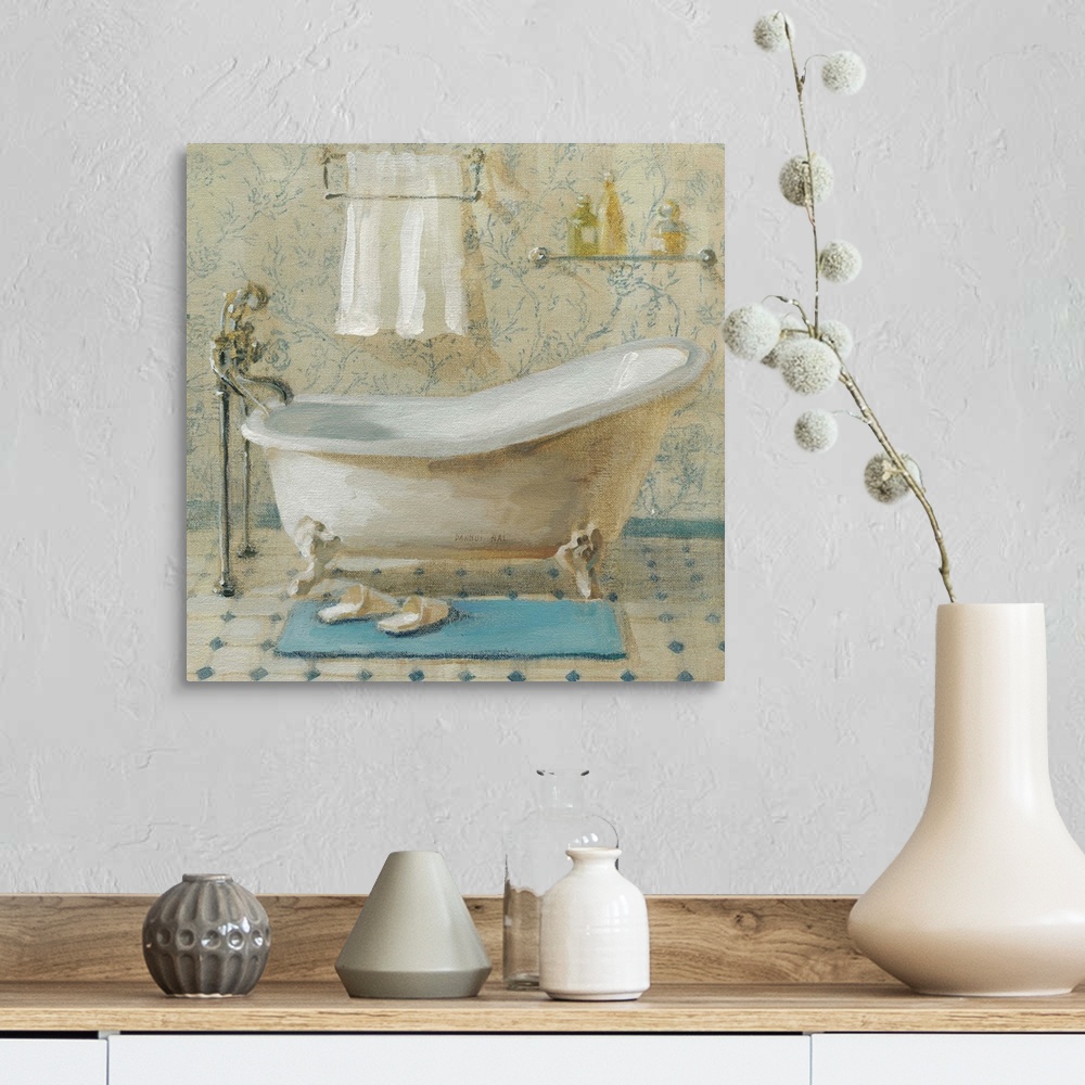 A farmhouse room featuring Contemporary artwork of bathroom scene, with the focus of the image on the bathtub.