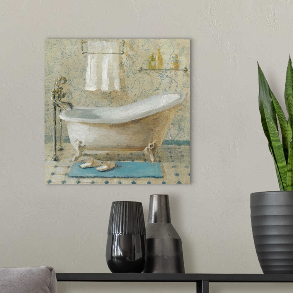A modern room featuring Contemporary artwork of bathroom scene, with the focus of the image on the bathtub.
