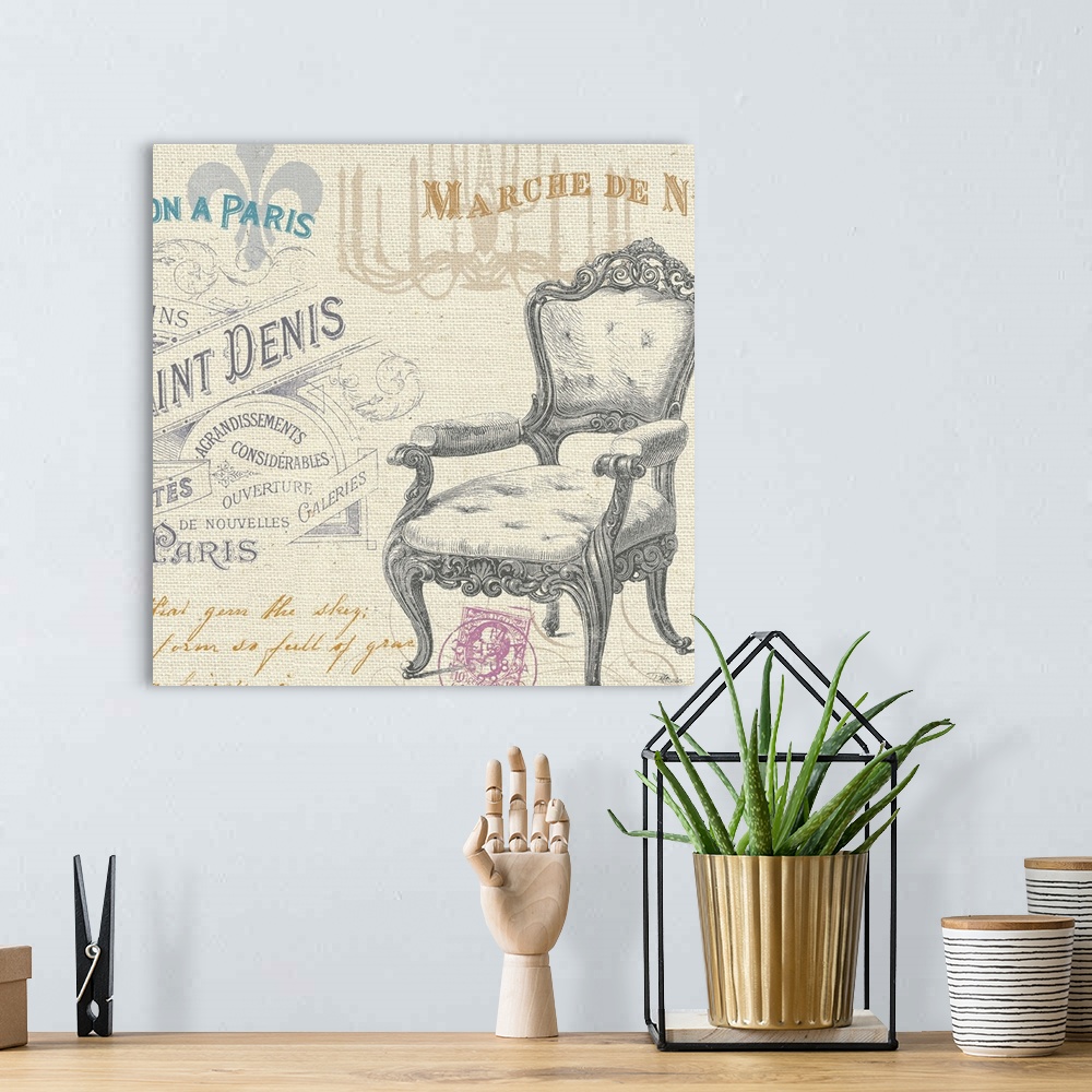 A bohemian room featuring Contemporary artwork a vintage chair on the on rustic background with text and other images.