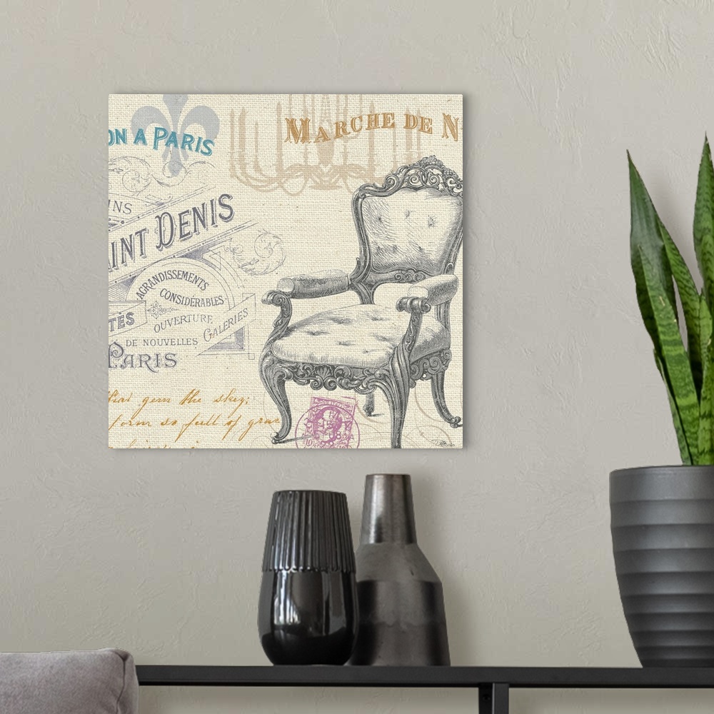 A modern room featuring Contemporary artwork a vintage chair on the on rustic background with text and other images.