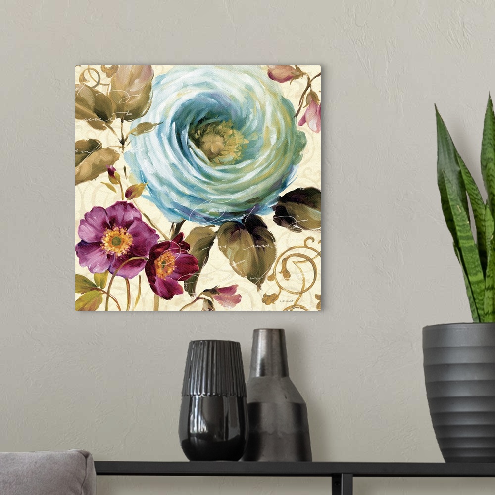 A modern room featuring Contemporary artwork of a close-up of a beautiful blue flower.