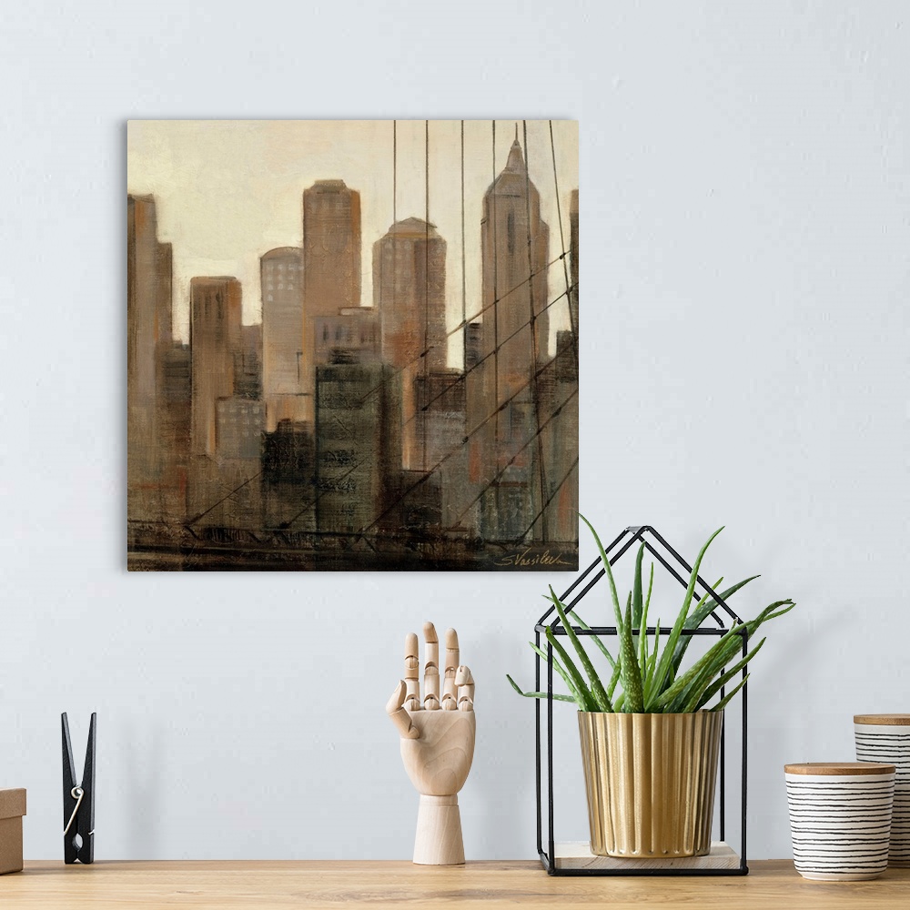 A bohemian room featuring Contemporary painting of the New York Skyline as seen from the Brooklyn Bridge in neutral colors.