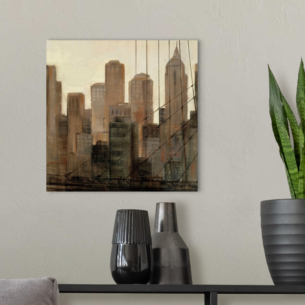 A modern room featuring Contemporary painting of the New York Skyline as seen from the Brooklyn Bridge in neutral colors.