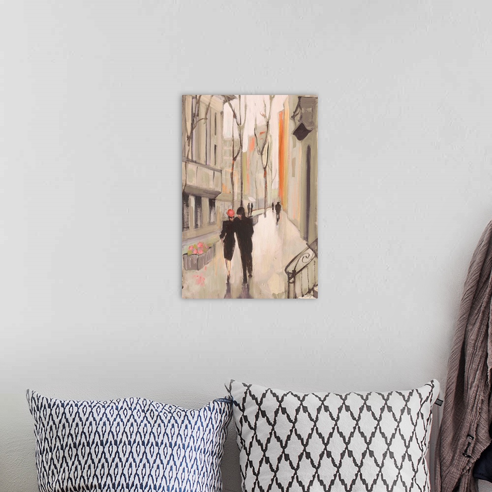 A bohemian room featuring Contemporary painting of a couple walking side by side down a neighborhood sidewalk.