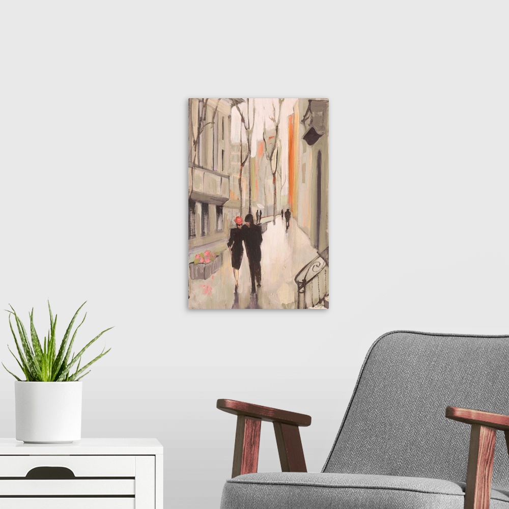 A modern room featuring Contemporary painting of a couple walking side by side down a neighborhood sidewalk.