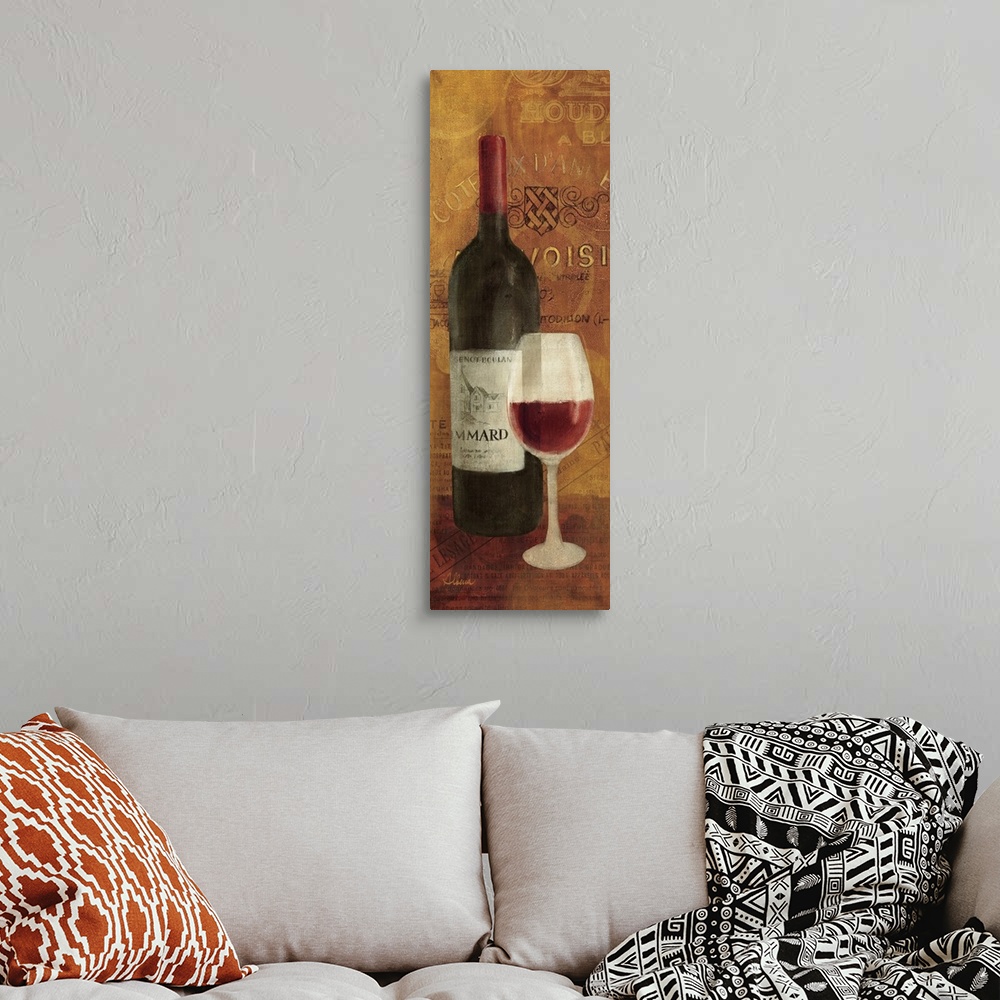 A bohemian room featuring Vertical panoramic image of a wine bottle and wine glass that is half full with collage backgroun...