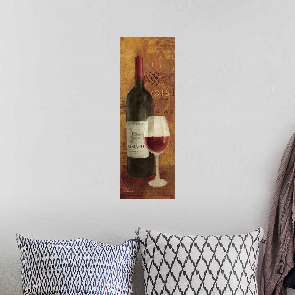 A bohemian room featuring Vertical panoramic image of a wine bottle and wine glass that is half full with collage backgroun...