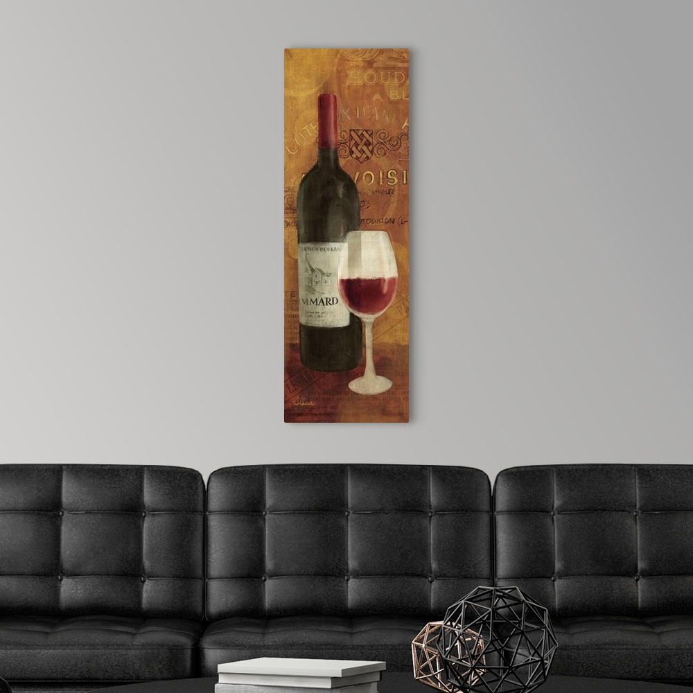 A modern room featuring Vertical panoramic image of a wine bottle and wine glass that is half full with collage backgroun...