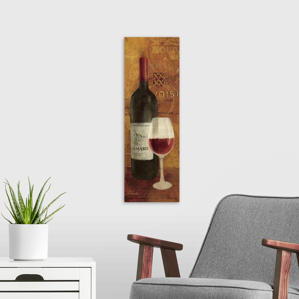 A modern room featuring Vertical panoramic image of a wine bottle and wine glass that is half full with collage backgroun...
