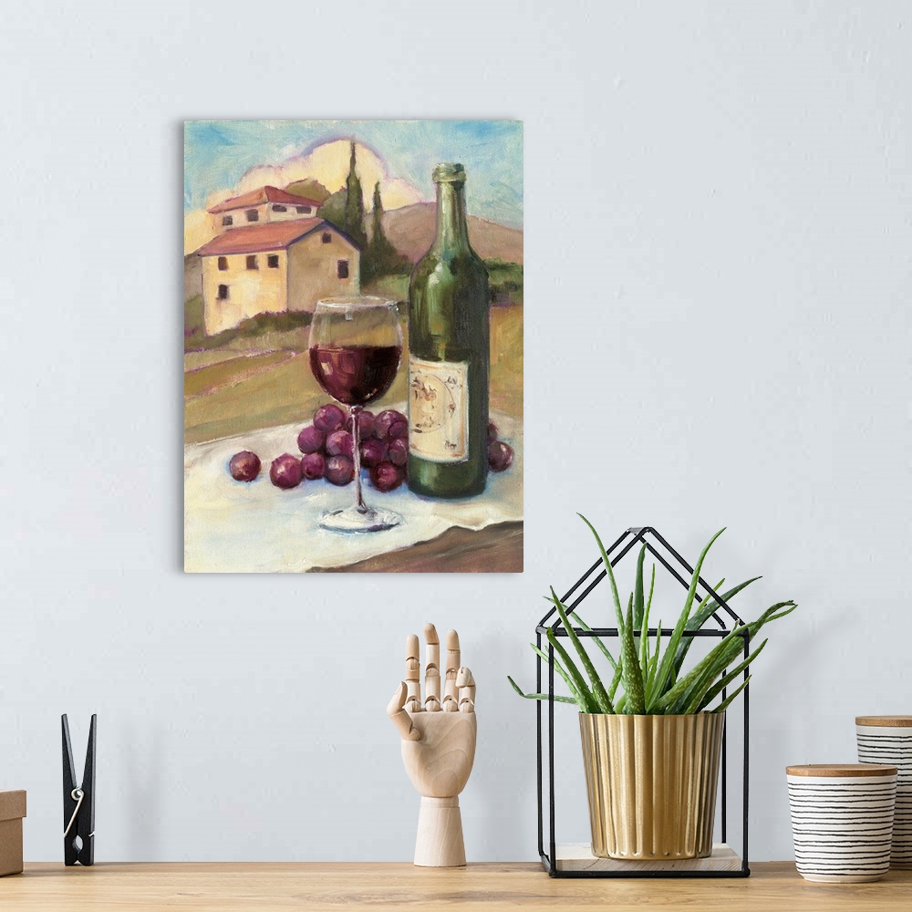 A bohemian room featuring A traditional contemporary painting of a glass of wine and bottle on a table with a house and hil...