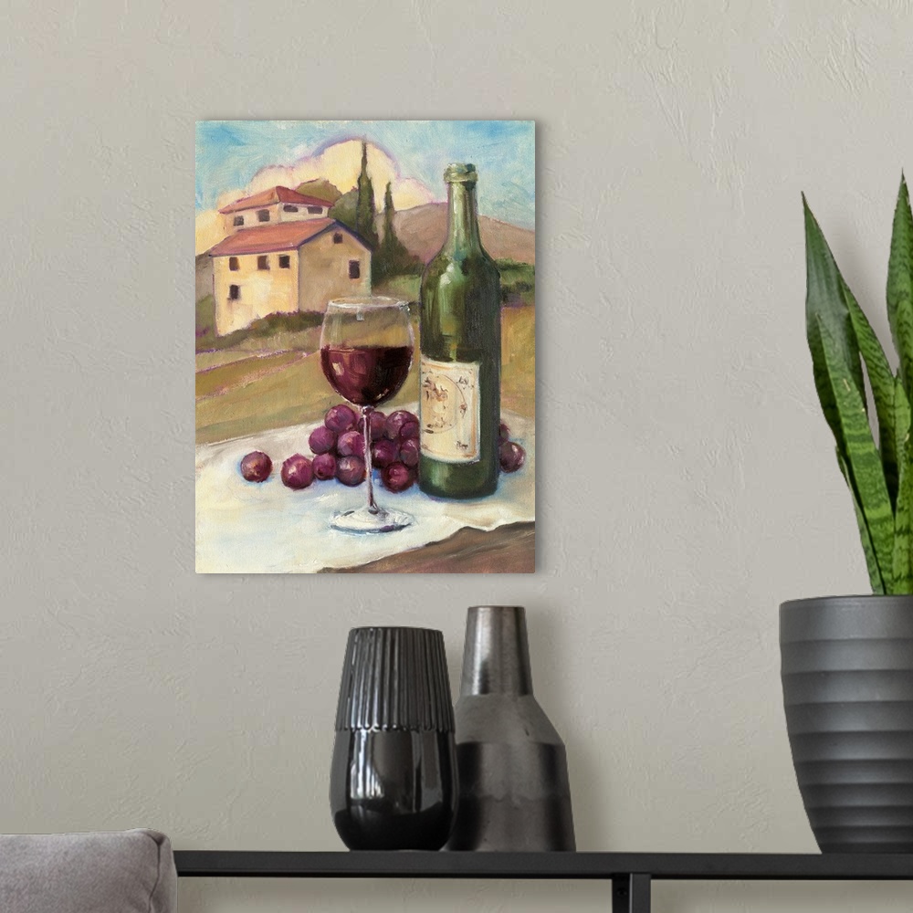 A modern room featuring A traditional contemporary painting of a glass of wine and bottle on a table with a house and hil...