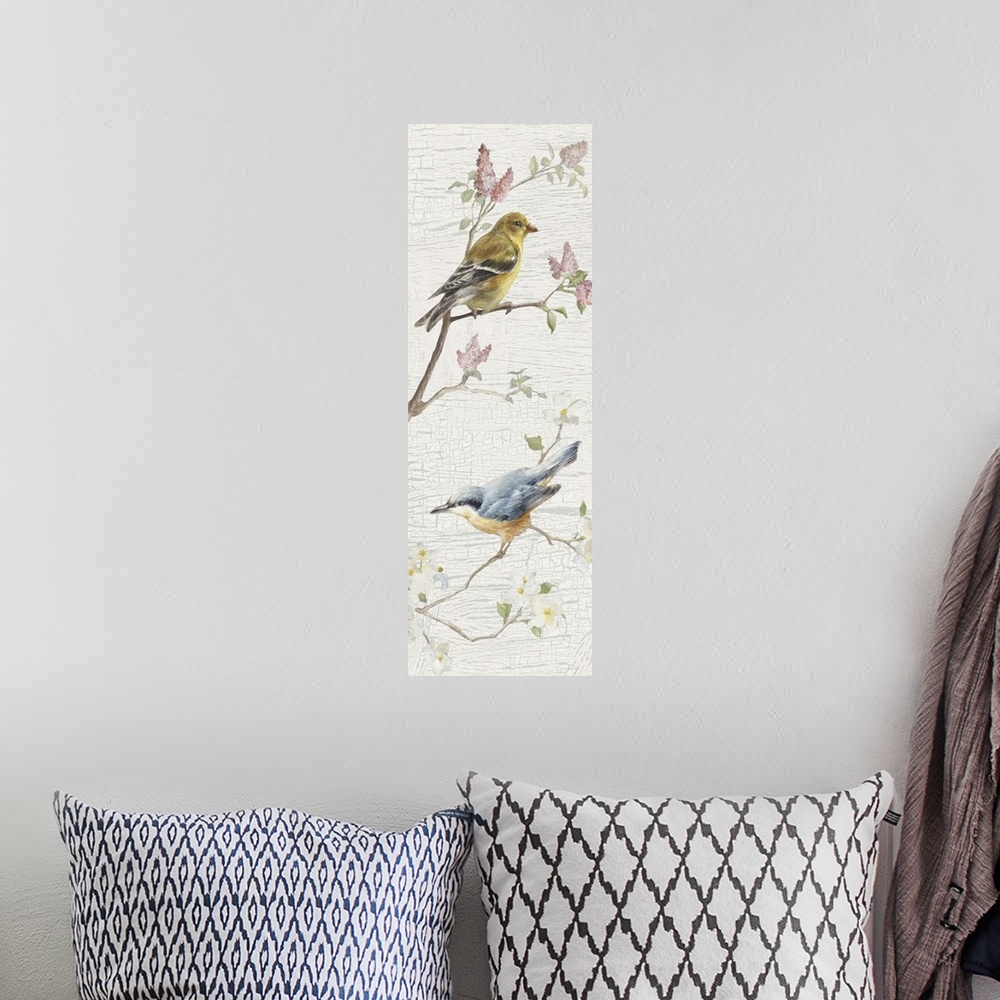 A bohemian room featuring Tall and skinny vertical vintage style illustration with two songbirds perched on branches with a...