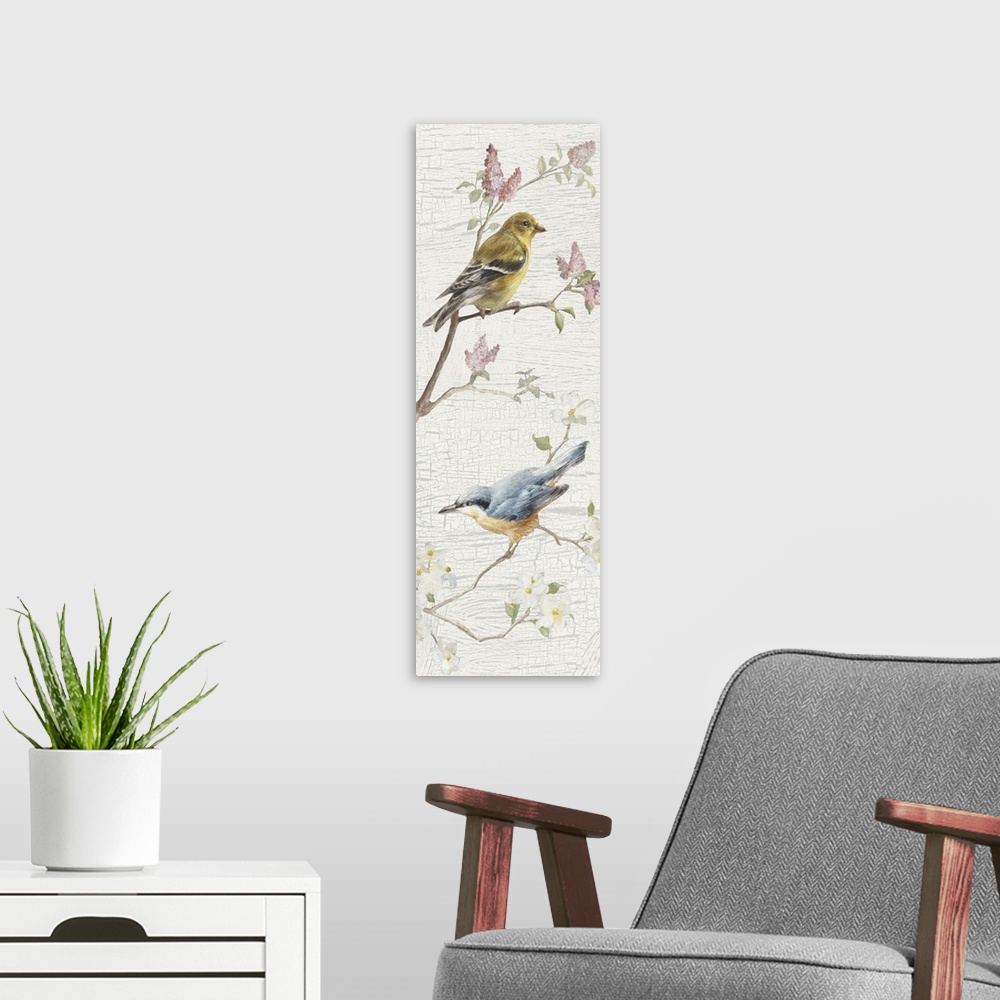 A modern room featuring Tall and skinny vertical vintage style illustration with two songbirds perched on branches with a...