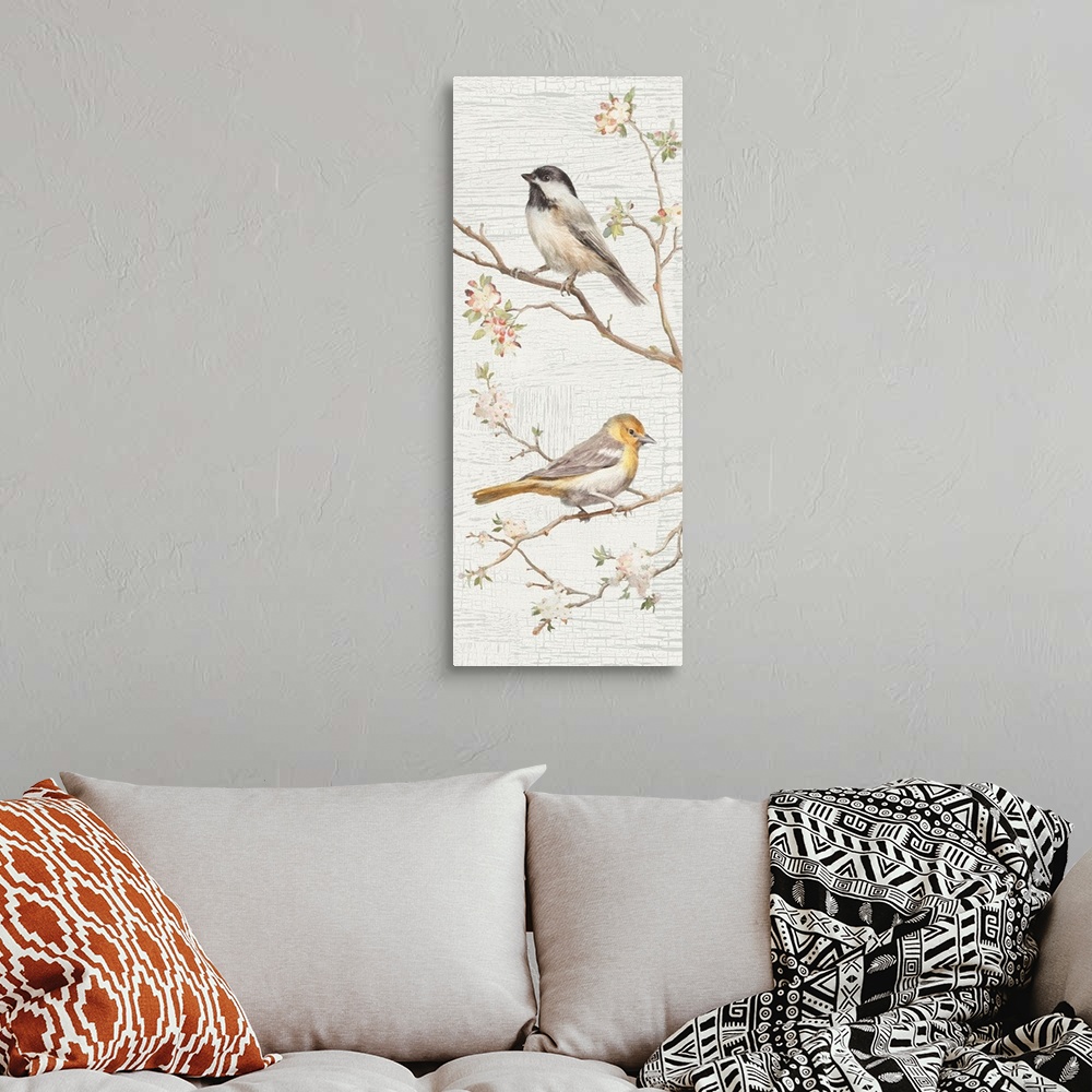 A bohemian room featuring Tall and skinny vertical vintage style illustration with two songbirds perched on branches with a...