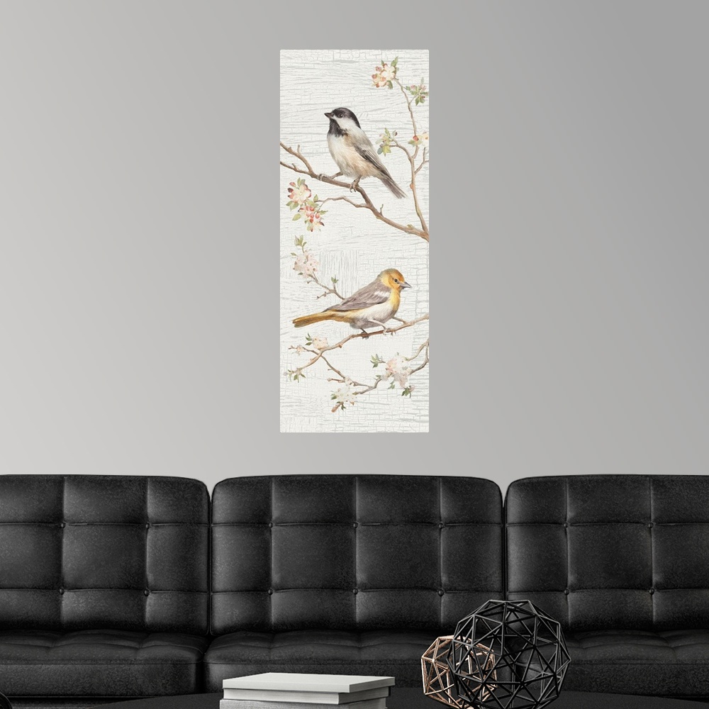 A modern room featuring Tall and skinny vertical vintage style illustration with two songbirds perched on branches with a...