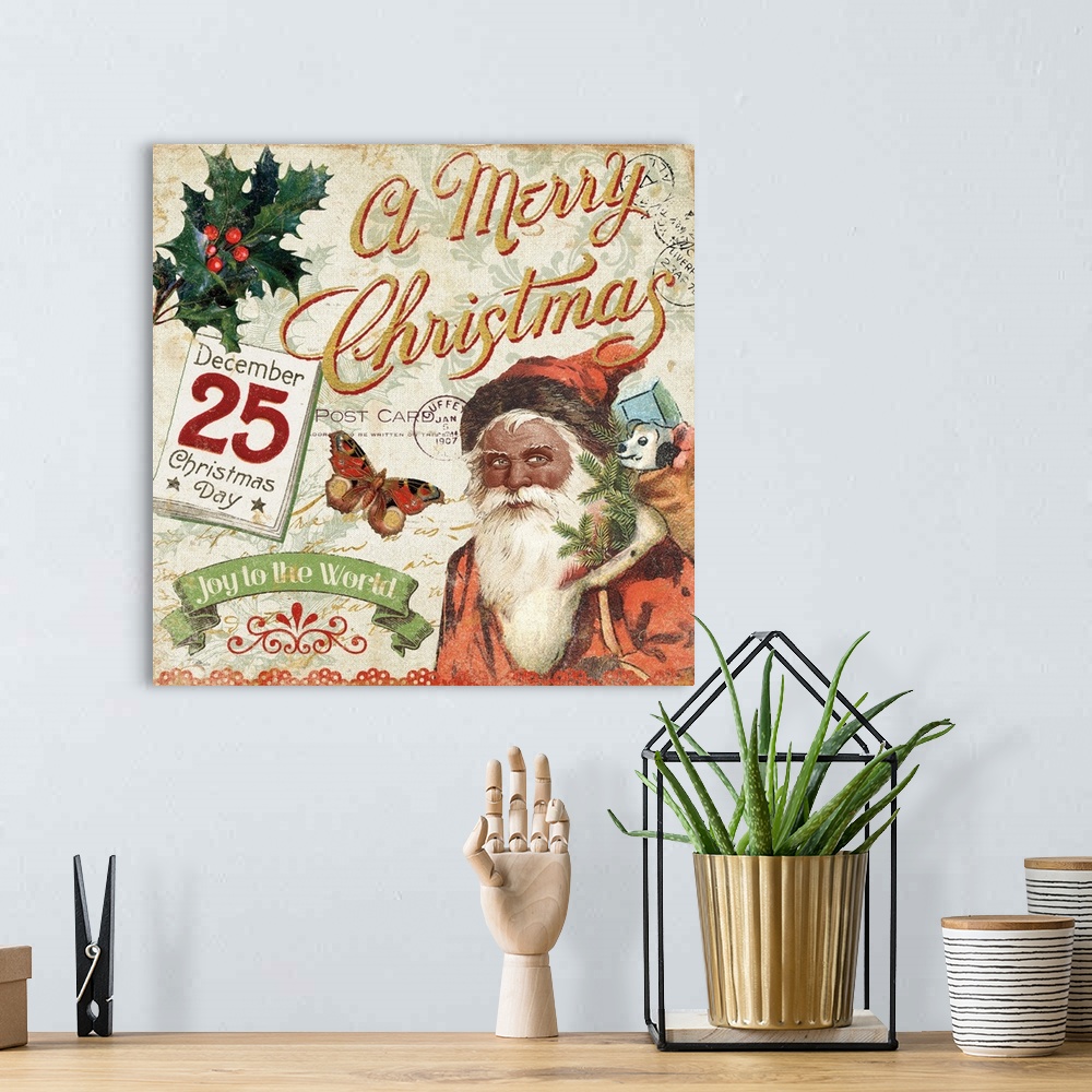 A bohemian room featuring Vintage Christmas postcard featuring Santa Claus, a calendar, holly, and the words "A Merry Chris...