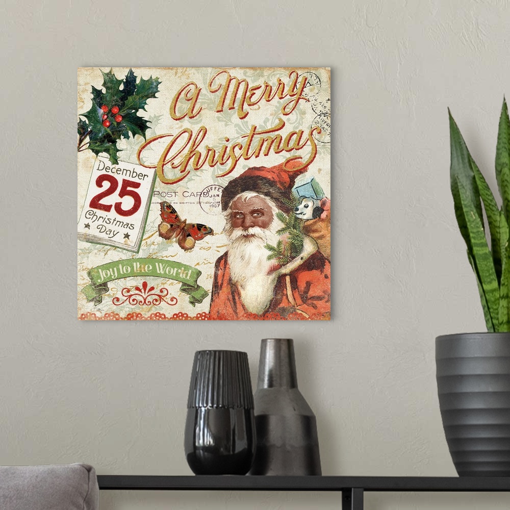 A modern room featuring Vintage Christmas postcard featuring Santa Claus, a calendar, holly, and the words "A Merry Chris...