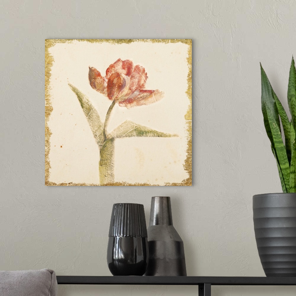 A modern room featuring Square decorative artwork of a textured flower in metallic colors with a rough edged border.