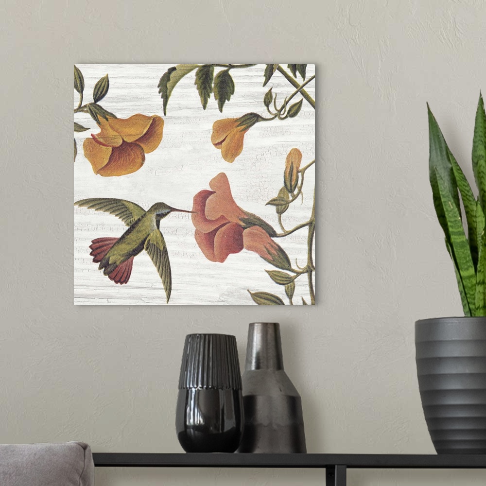 A modern room featuring Vintage stylized artwork of a hummingbird flying to a colorful flower against a weathered backgro...