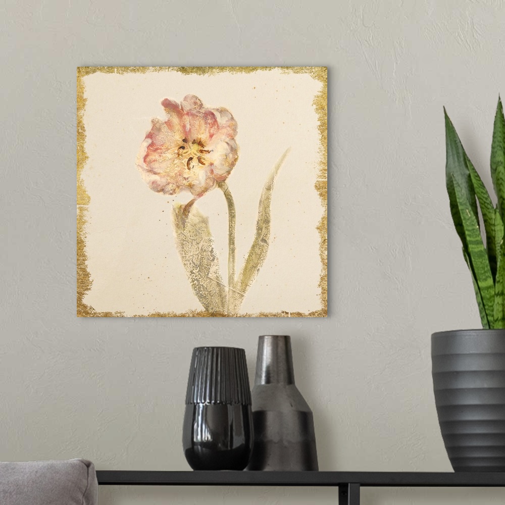 A modern room featuring Square decorative artwork of a textured flower in metallic colors with a rough edged border.