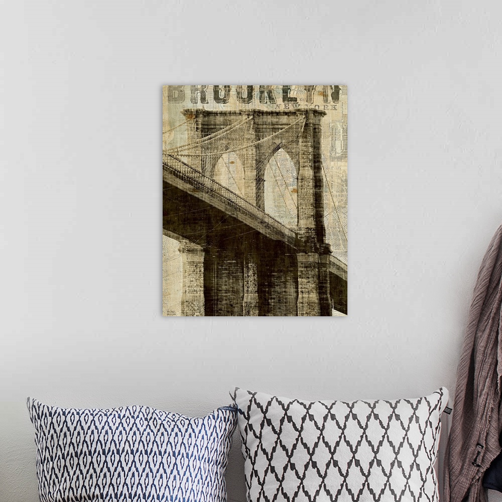A bohemian room featuring Vintage NY Brooklyn Bridge