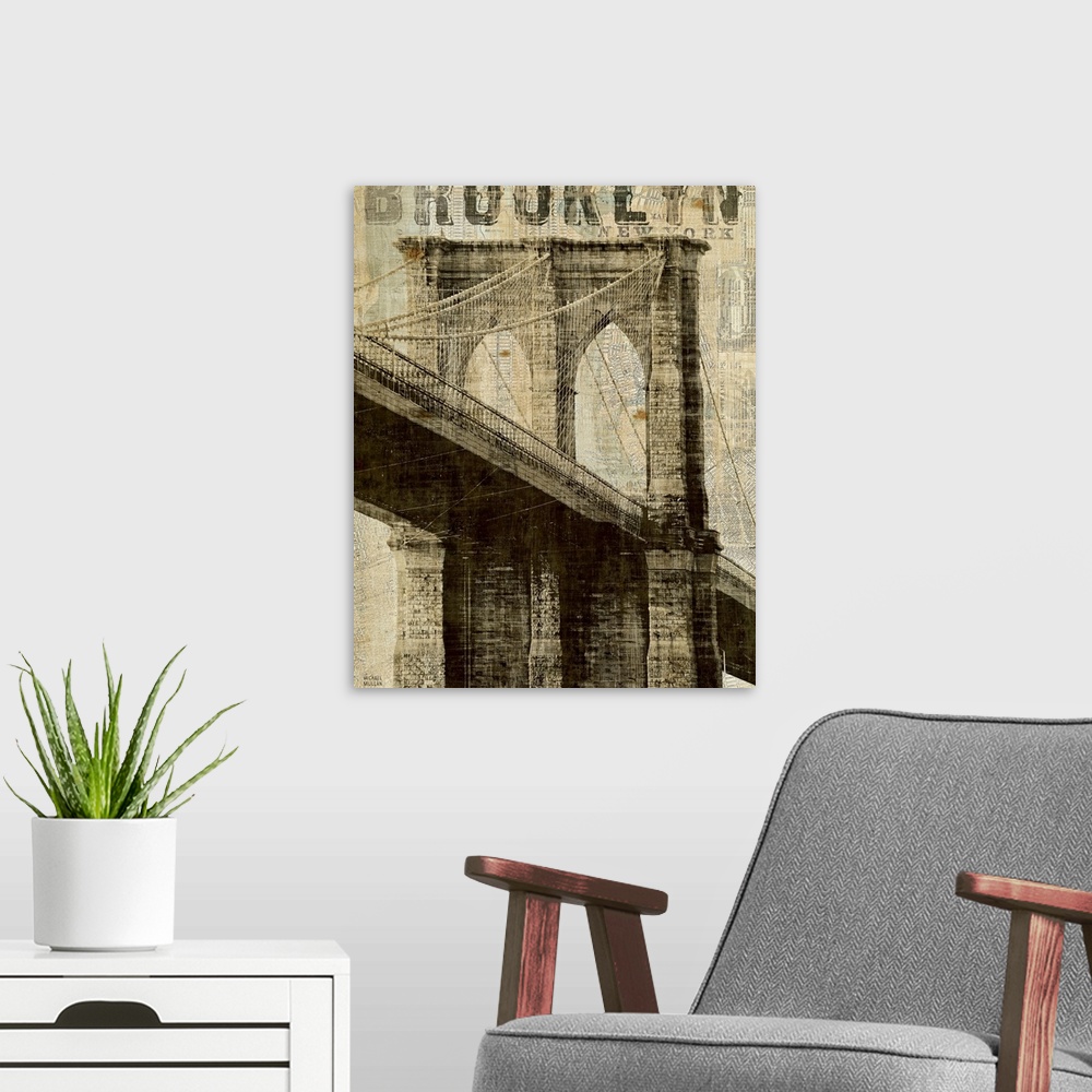 A modern room featuring Vintage NY Brooklyn Bridge
