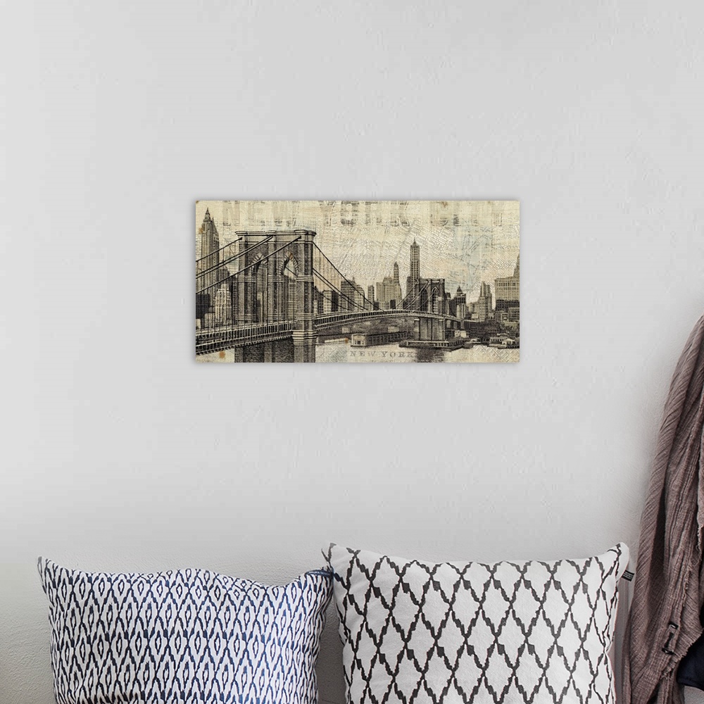 A bohemian room featuring Vintage NY Brooklyn Bridge Skyline