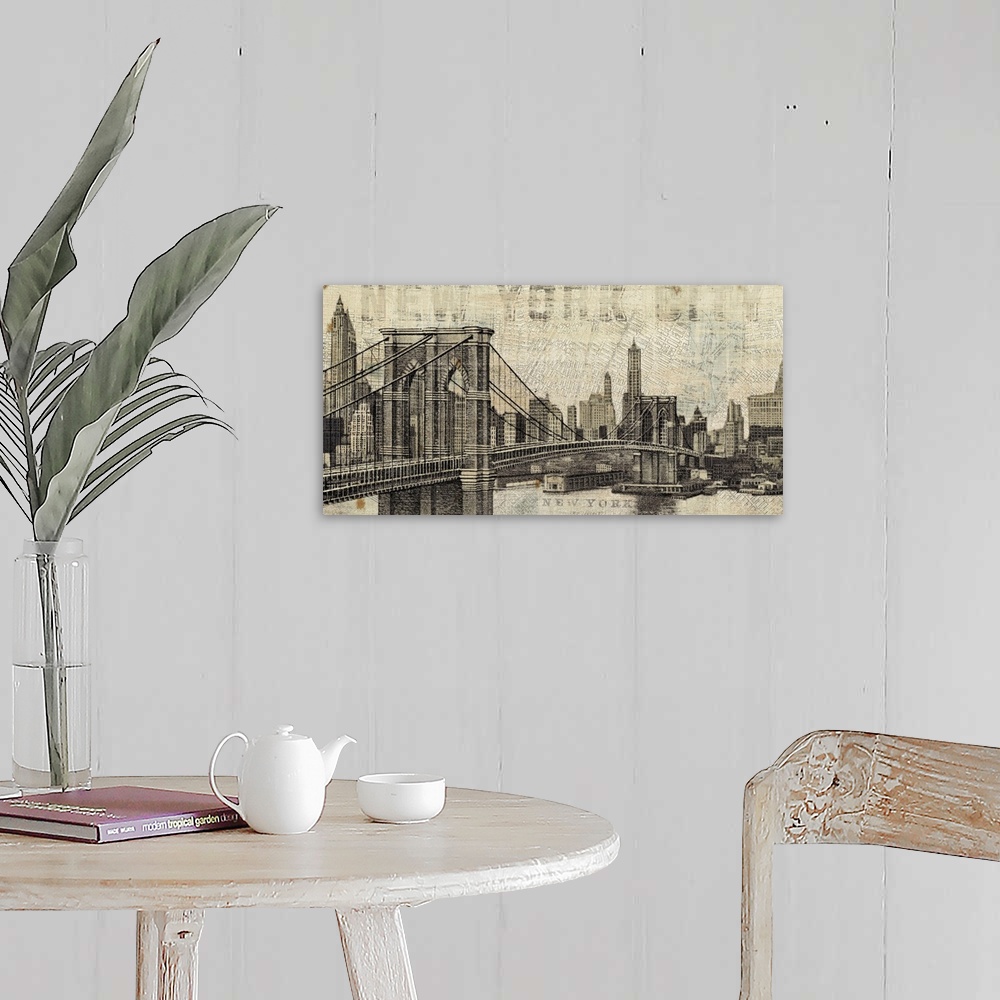 A farmhouse room featuring Vintage NY Brooklyn Bridge Skyline