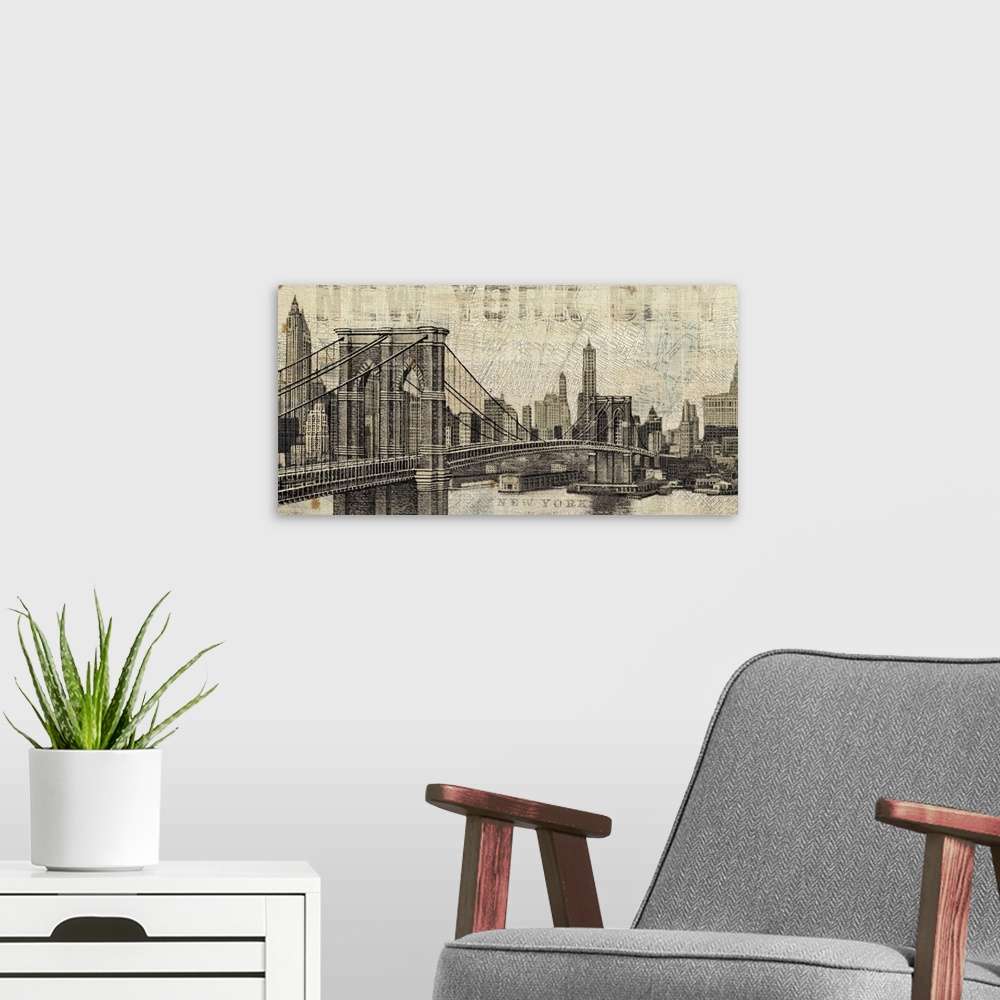 A modern room featuring Vintage NY Brooklyn Bridge Skyline