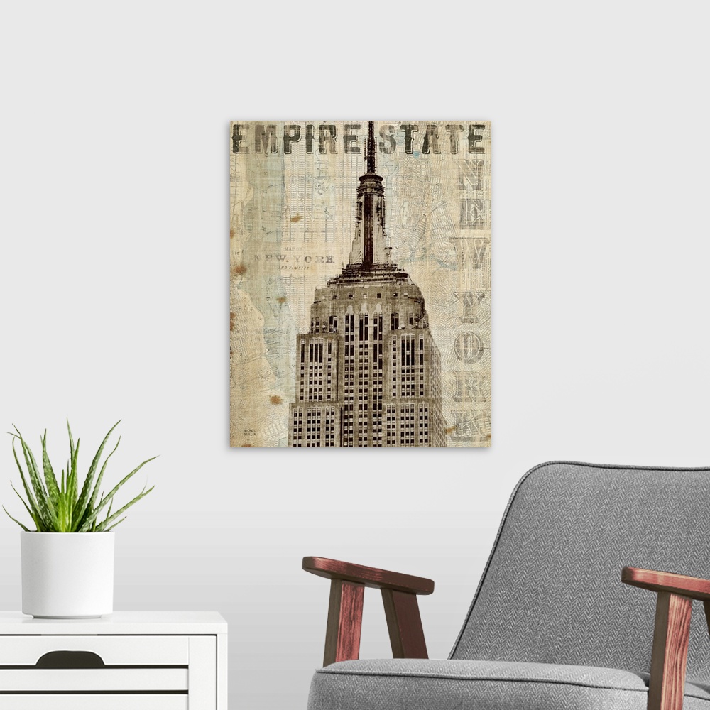 A modern room featuring Vintage NY Empire State Building