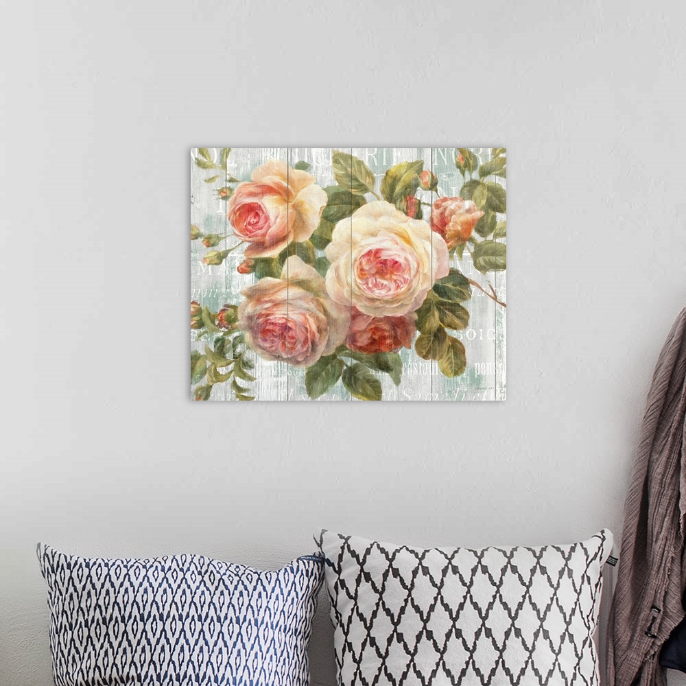 A bohemian room featuring Big, horizontal docor wall art of a grouping of blooming roses surrounded by their leaves, on a b...