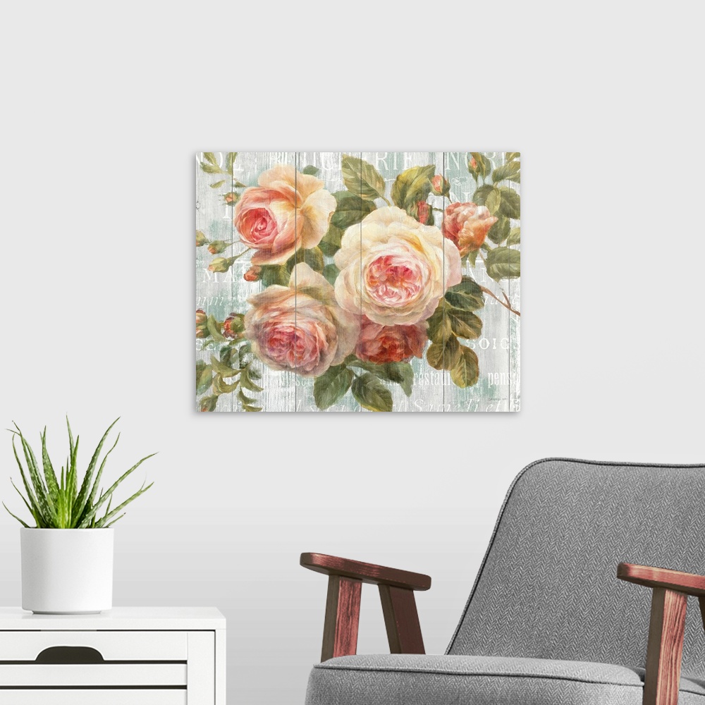 A modern room featuring Big, horizontal docor wall art of a grouping of blooming roses surrounded by their leaves, on a b...