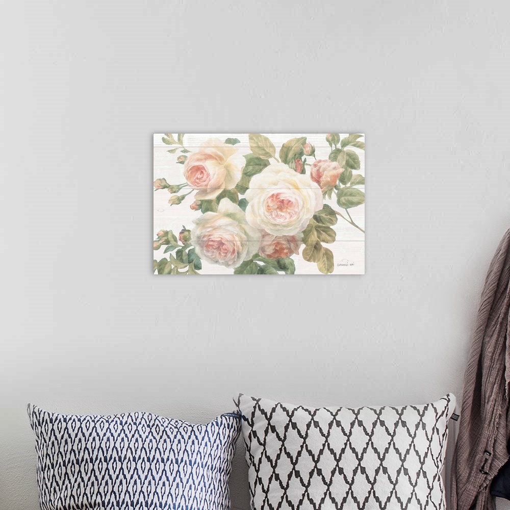 A bohemian room featuring Vintage Roses White on Shiplap Crop