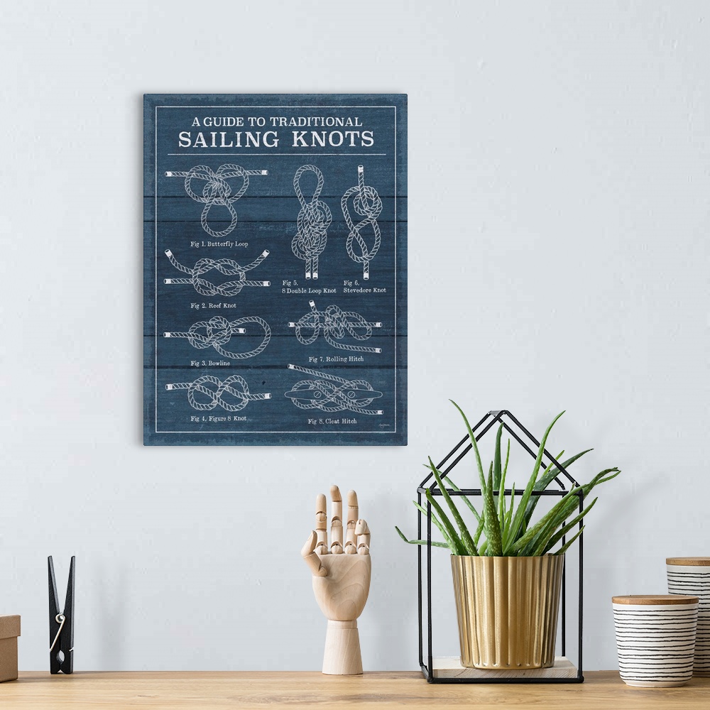 A bohemian room featuring "A guide To Traditional Sailing Knots" Diagram of various sailing knots on a textured blue backgr...